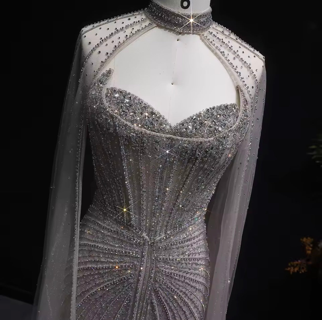 Embellished Sage Green Evening Dress with Cape Sleeves Guest of Wedding Ball Gown