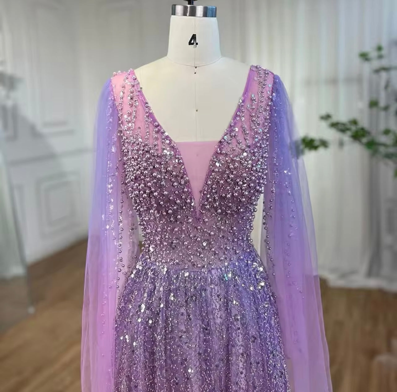 Purple A Line Cape Sleeves V Neck Embellished Long Maxi Evening Ball Gown For Guest Of Wedding