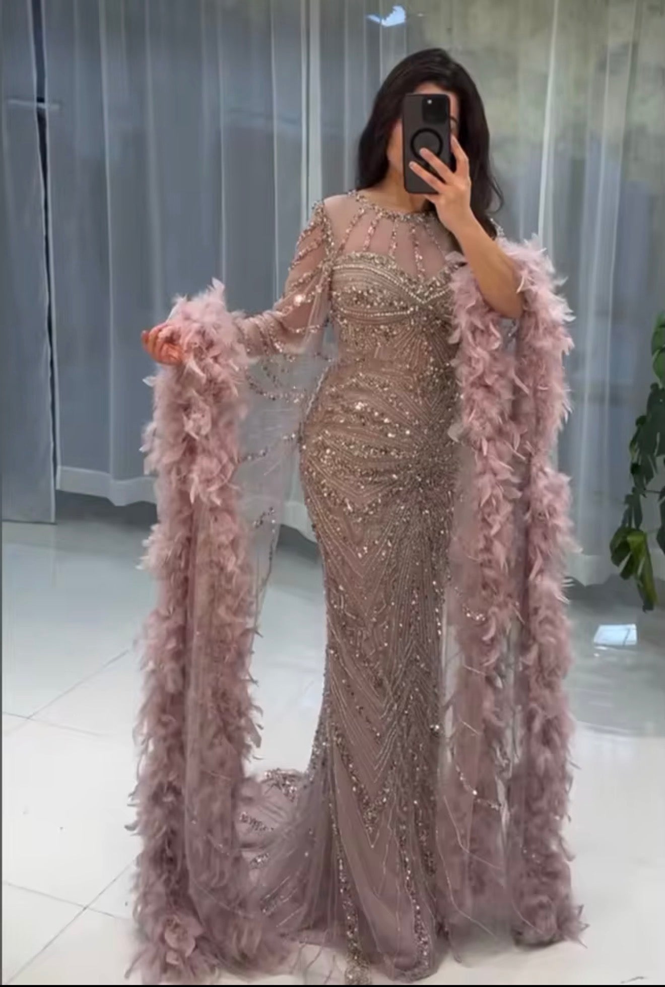 Embellished Mermaid Evening Dress with Feather Cuffs for Formal Occasion Wedding Guest Gala Ball Gown