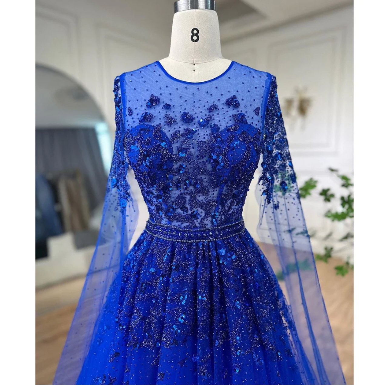 Blue Cape Sleeves Embellished Luxury Dubai Evening Dress Ball Gown Gala Gown 2024 Guest of Wedding Dress