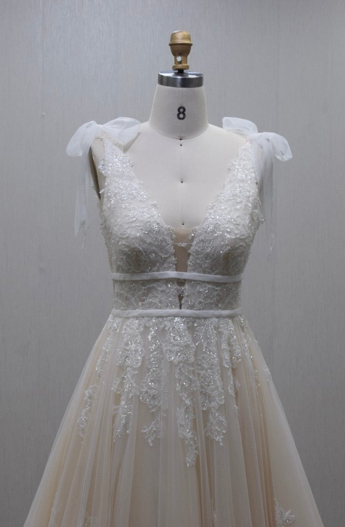 Ivory Wedding Gown With floral Lace Appliqué Deep V neck