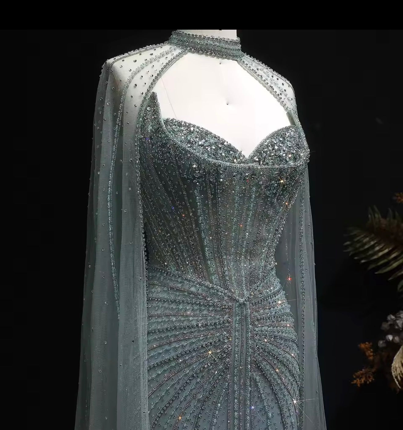 Embellished Sage Green Evening Dress with Cape Sleeves Guest of Wedding Ball Gown