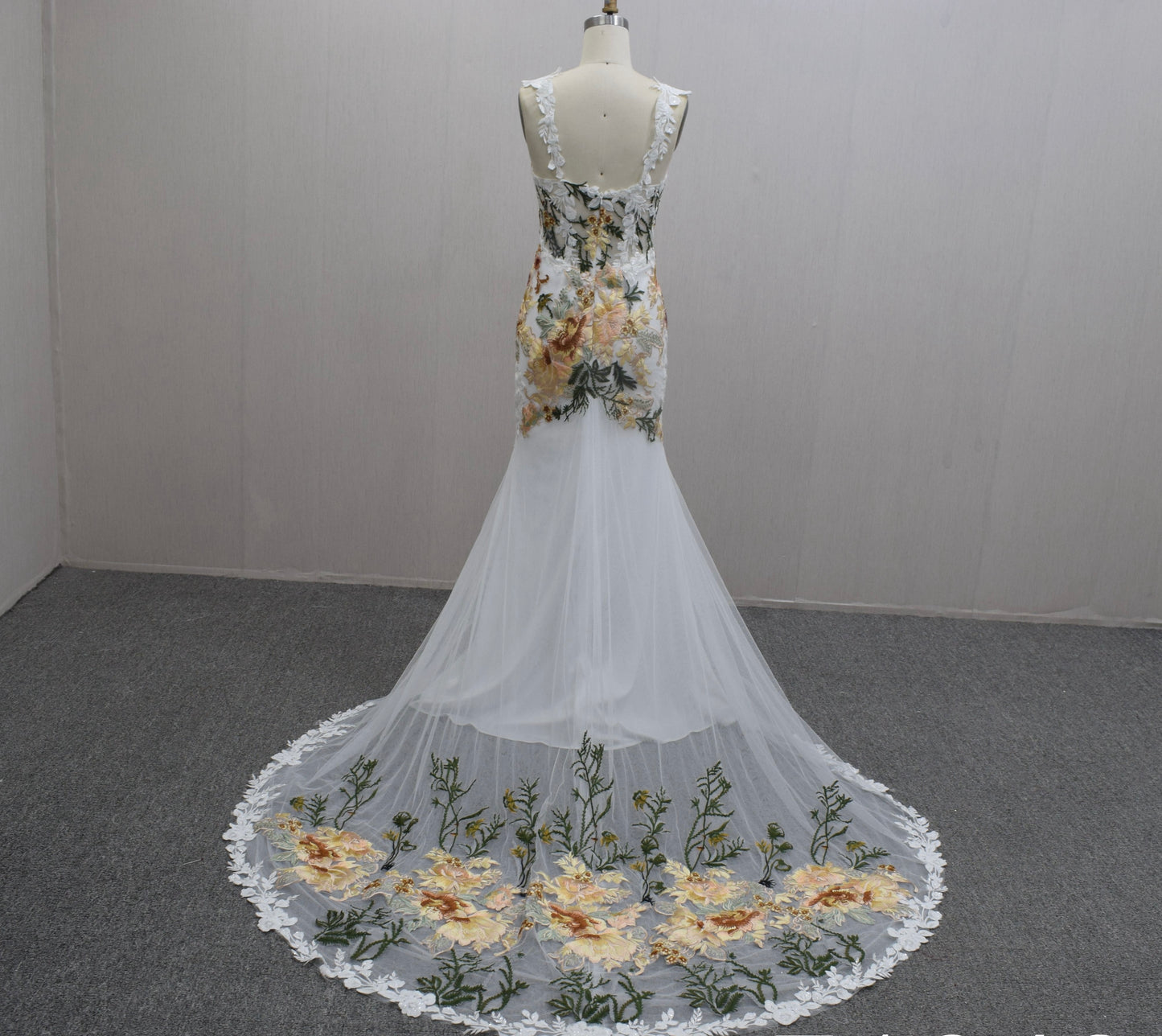 Bridal Gown Colorful Floral Lace Appliqué