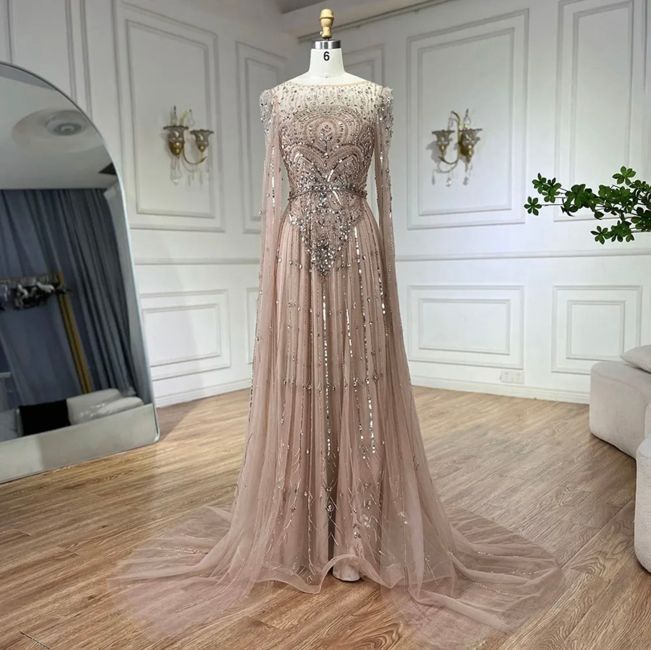 Luxury Pearls Dubai Champagne Mermaid Evening Dresses with Cape Guest of Wedding Gala Gown