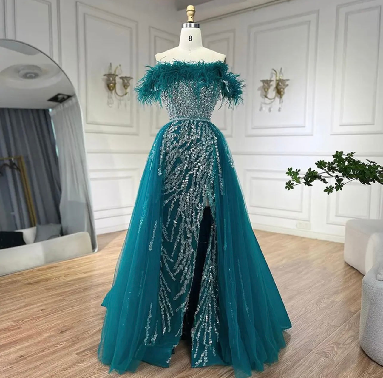 Diamond Feather Mermaid Elegant With Overskirt Evening Dresses Gowns For Gala Guest of Wedding