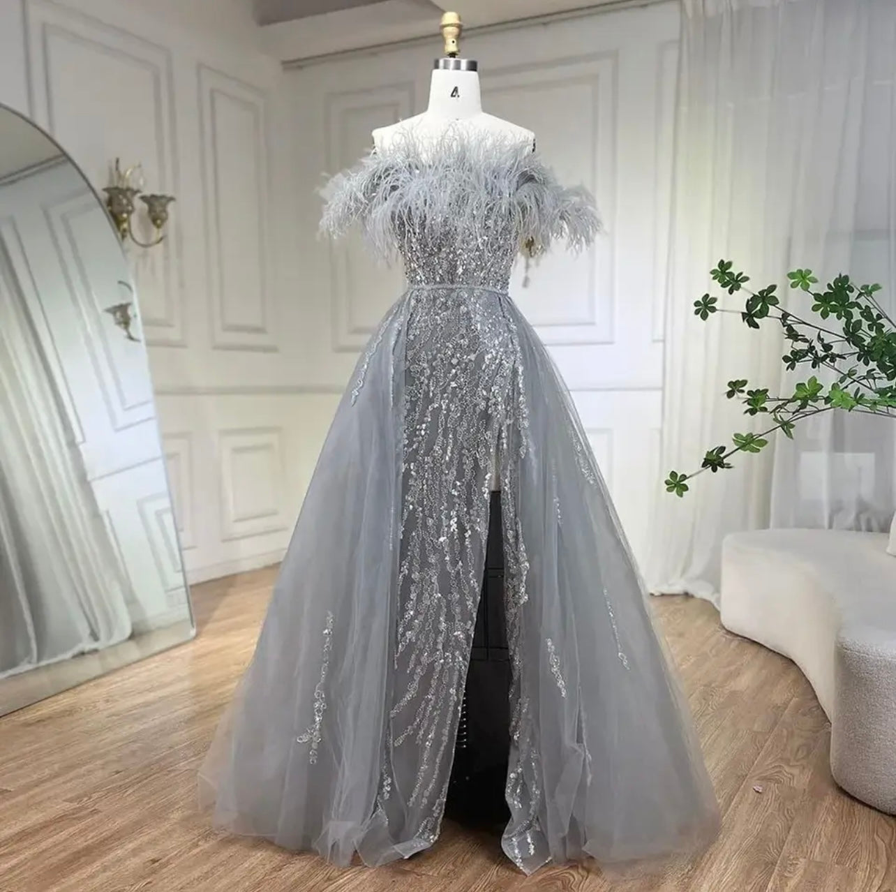 Diamond Feather Mermaid Elegant With Overskirt Evening Dresses Gowns For Gala Guest of Wedding