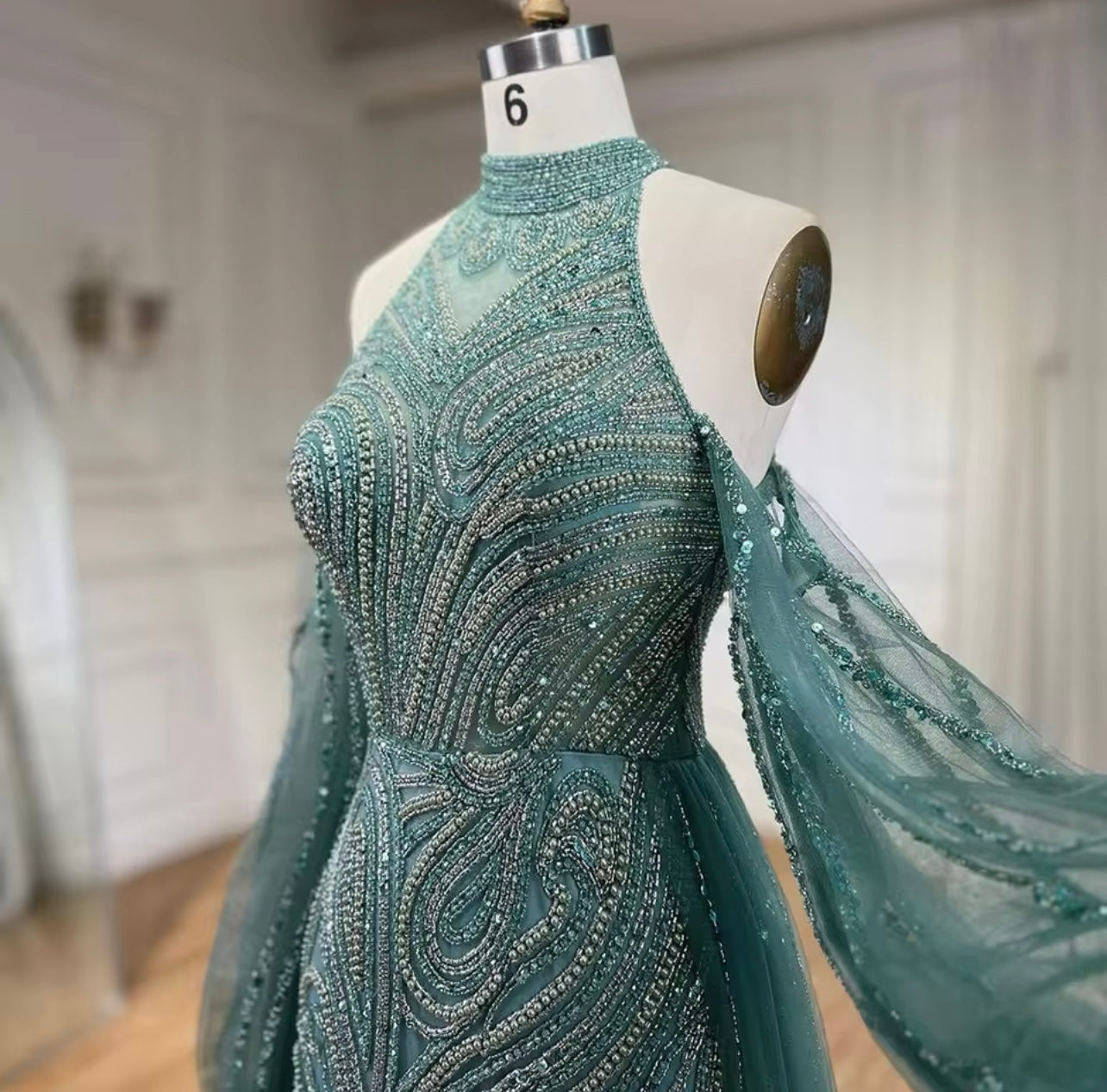 Turquoise Mermaid Elegant Dress With Overskirt Luxury Beaded Evening Dress Ball Gown For Guest Of Wedding Party