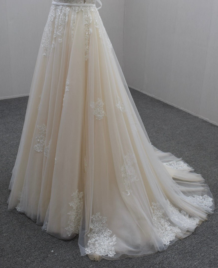 Ivory Wedding Gown With floral Lace Appliqué Deep V neck