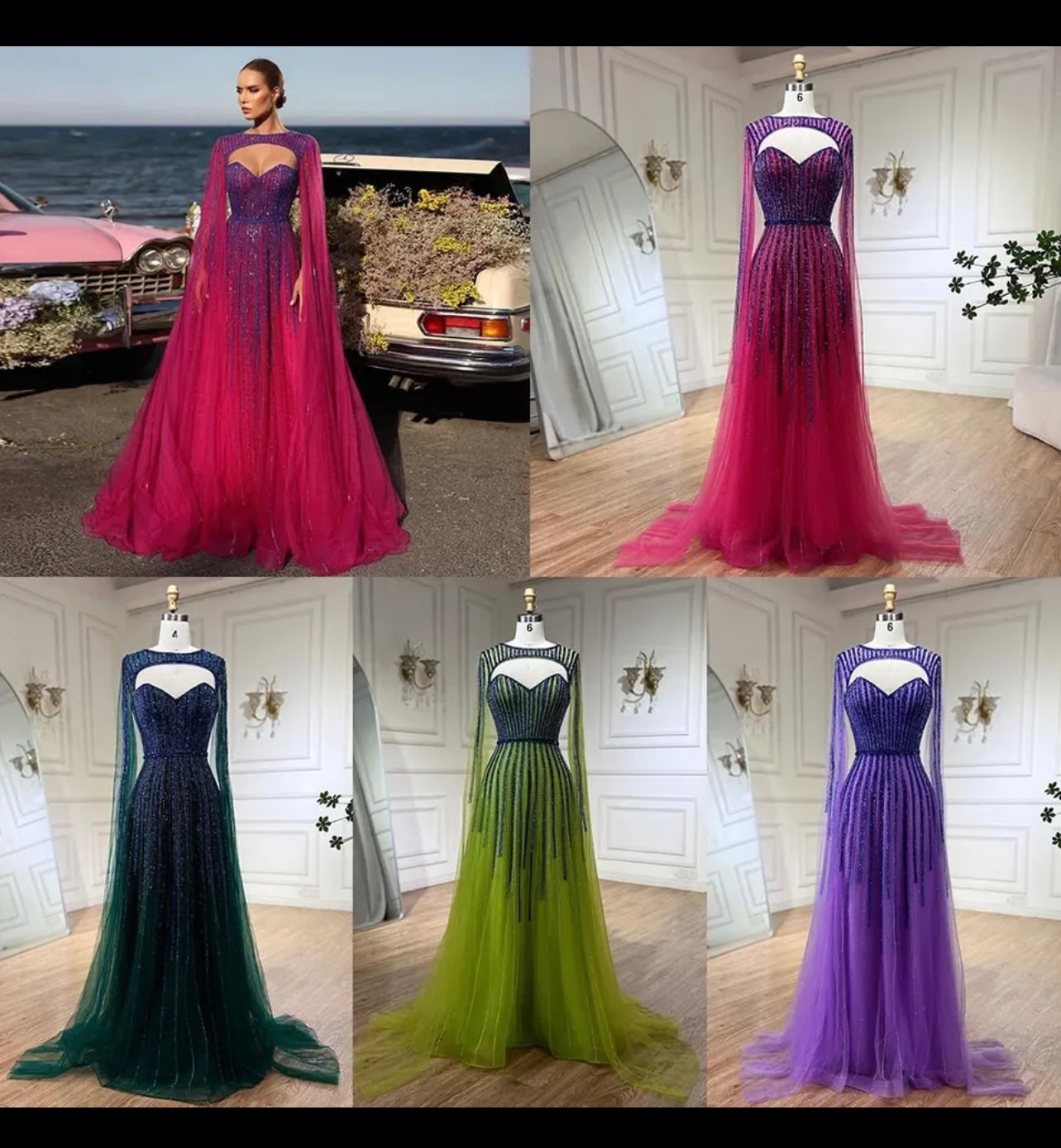 Arabic Fuchsia Cape Sleeves Luxury Beaded Evening Dresses Long Celebrity Gowns For wedding