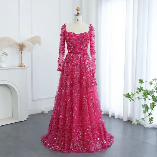 Luxury 3D Flower Long Sleeves Evening Dresses for Women Wedding Party Elegant A-line Formal Gowns Braidsmaid