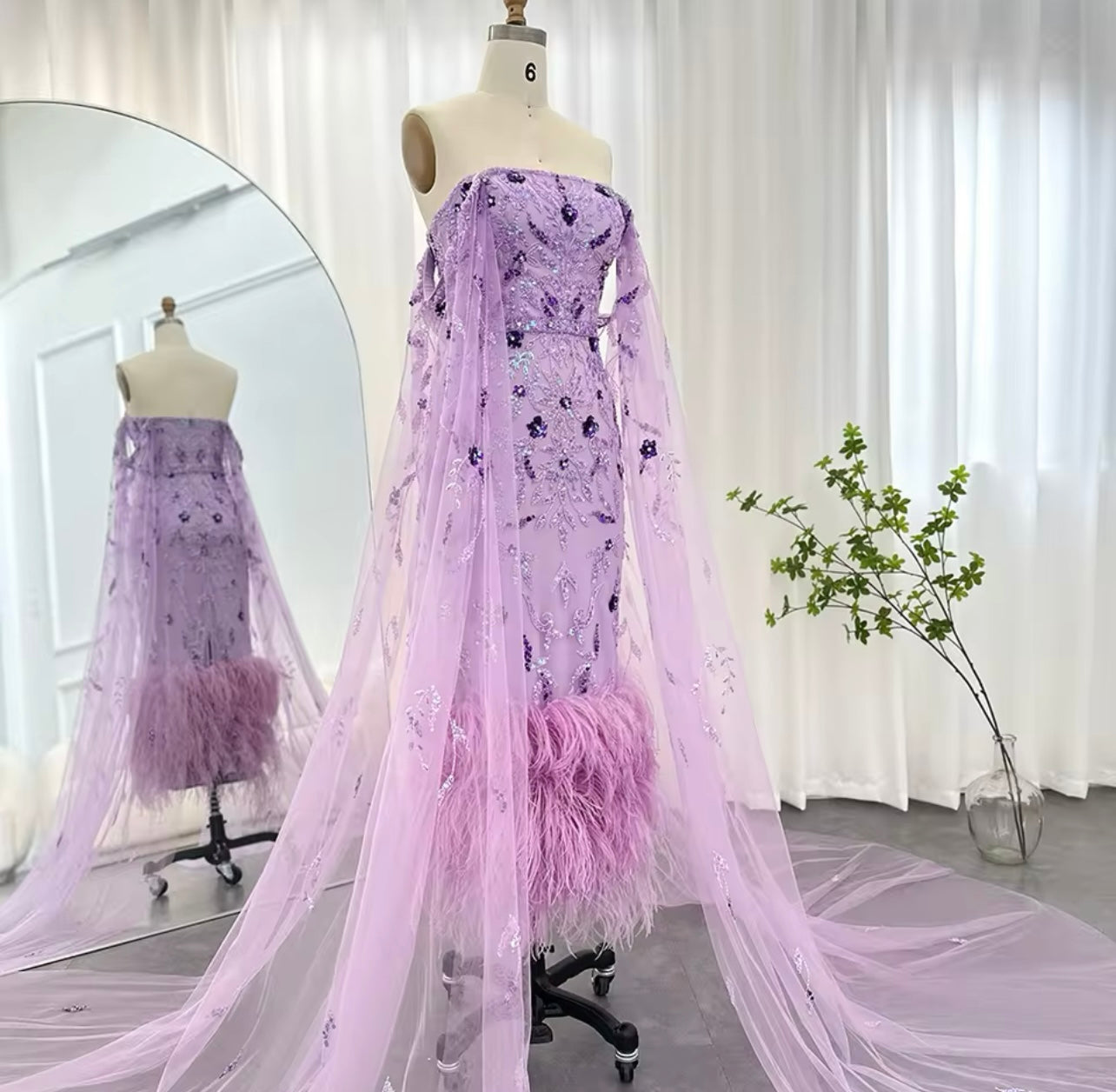 Purple Dubai Lilac Feathers Evening Dresses with Cape Sleeves Long Purple Guest of Wedding Ball Gown