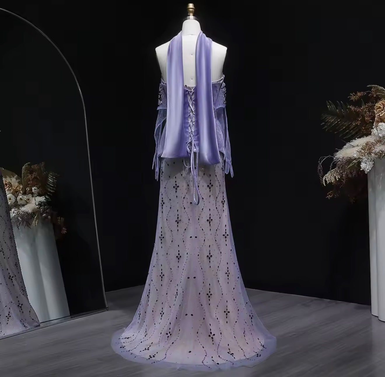 Two Piece Purple Velvet Mermaid Evening Dress with Gloves and Scarf for Gala  Ball Gown Wedding Party Gown