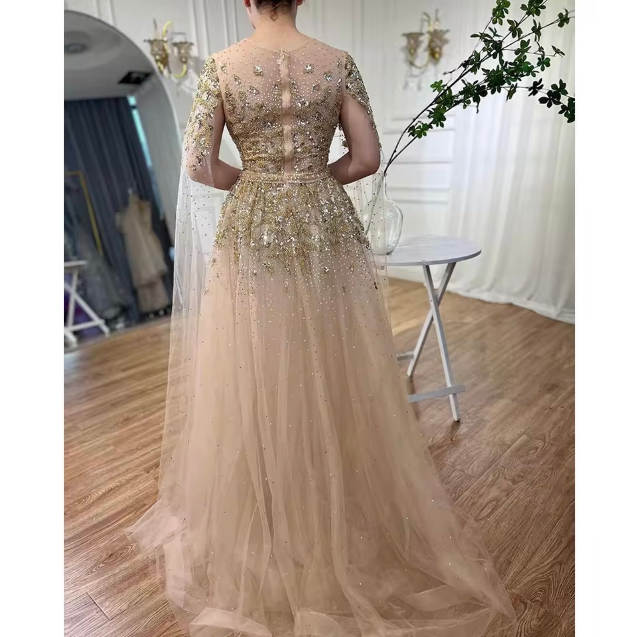 Blue Cape Sleeves Embellished Luxury Dubai Evening Dress Ball Gown Gala Gown 2024 Guest of Wedding Dress