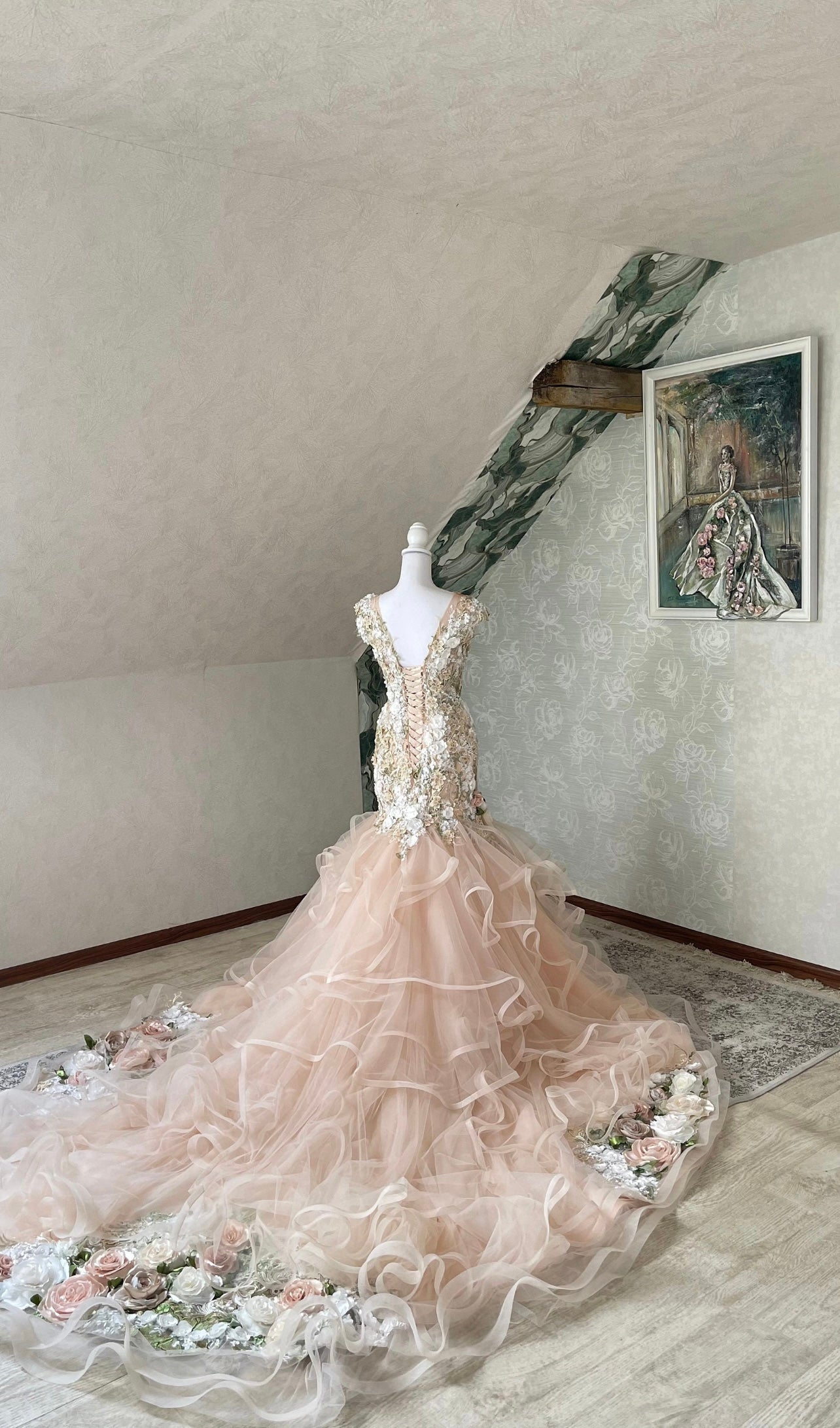 Bridal Gown Ivory Blush Pink Mermaid Style 3D Floral Fairytail Dress