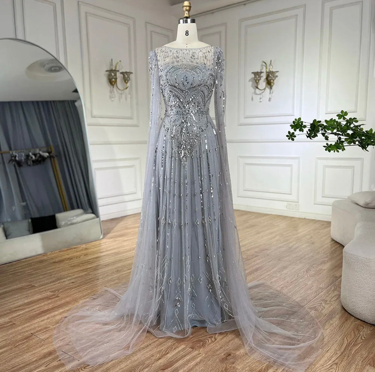 Luxury Pearls Dubai Champagne Mermaid Evening Dresses with Cape Guest of Wedding Gala Gown