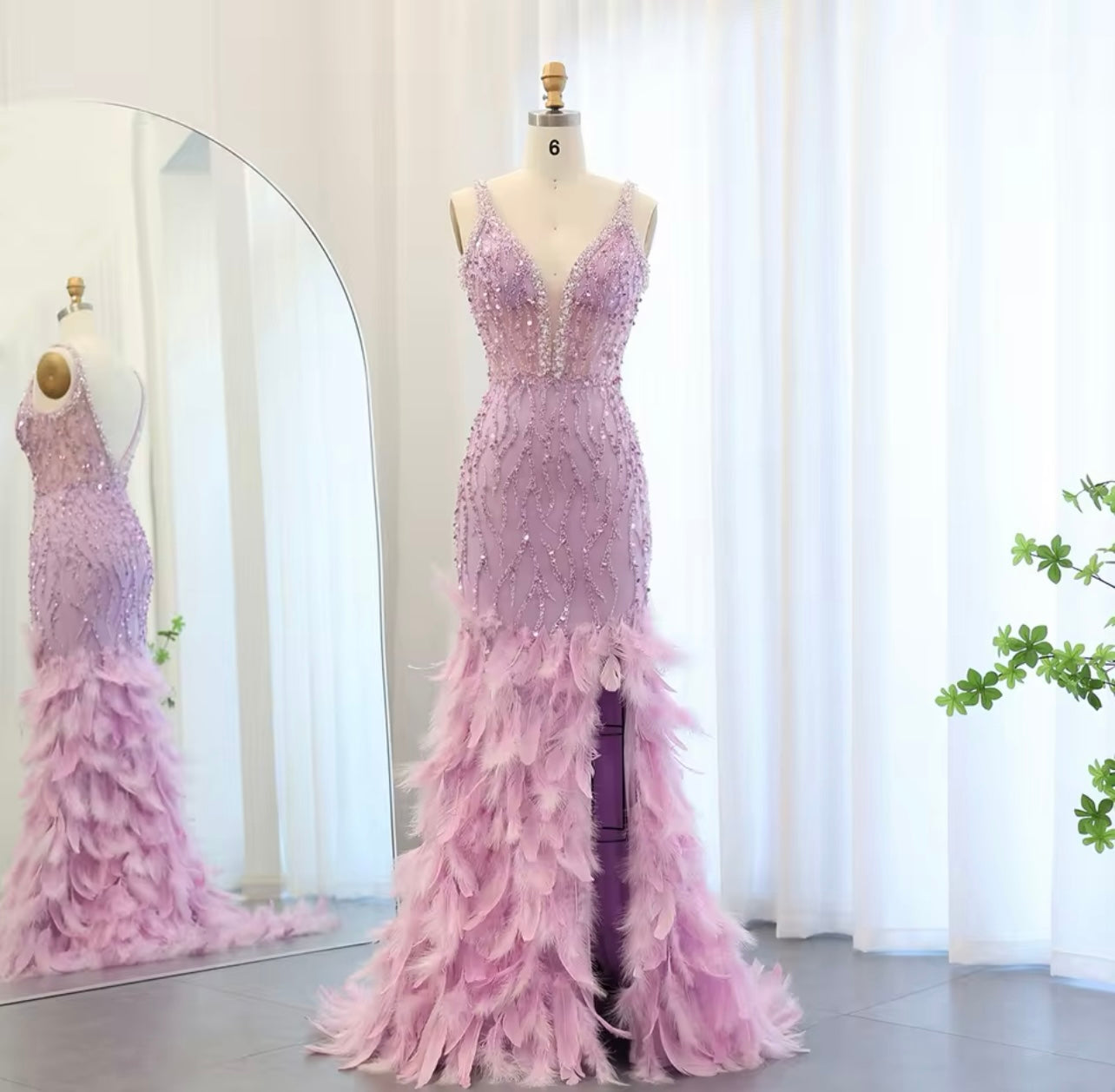 Feathers Pink Mermaid Evening Dress for Guest of Wedding V-Neck Blue Side Slit Long Gala Gown