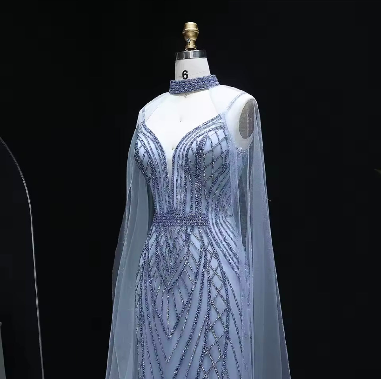 Crystal Mermaid Evening Dress with Cape Sleeves Guest Of Wedding Ball Gown