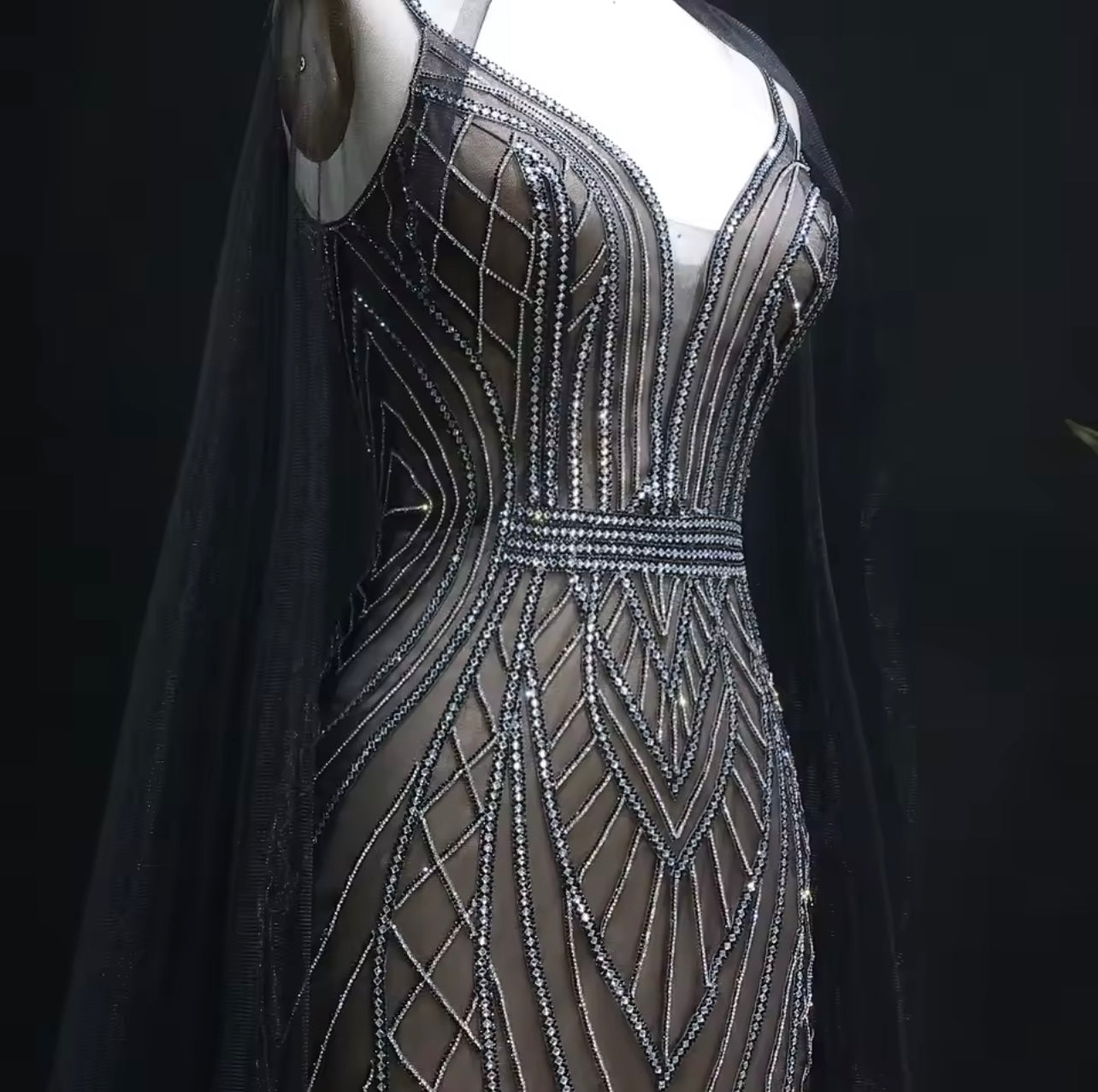 Crystal Mermaid Evening Dress with Cape Sleeves Guest Of Wedding Ball Gown