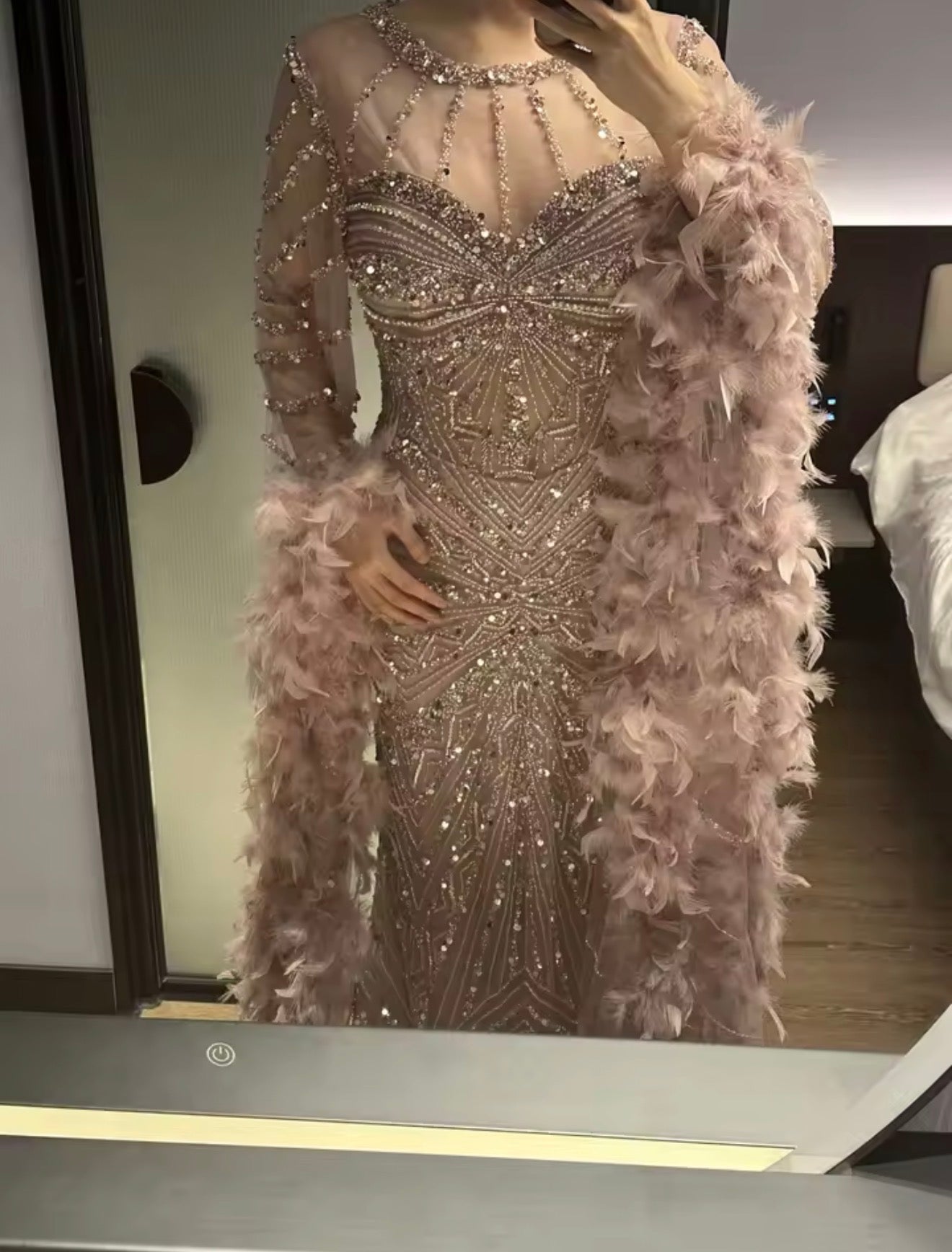 Embellished Mermaid Evening Dress with Feather Cuffs for Formal Occasion Wedding Guest Gala Ball Gown