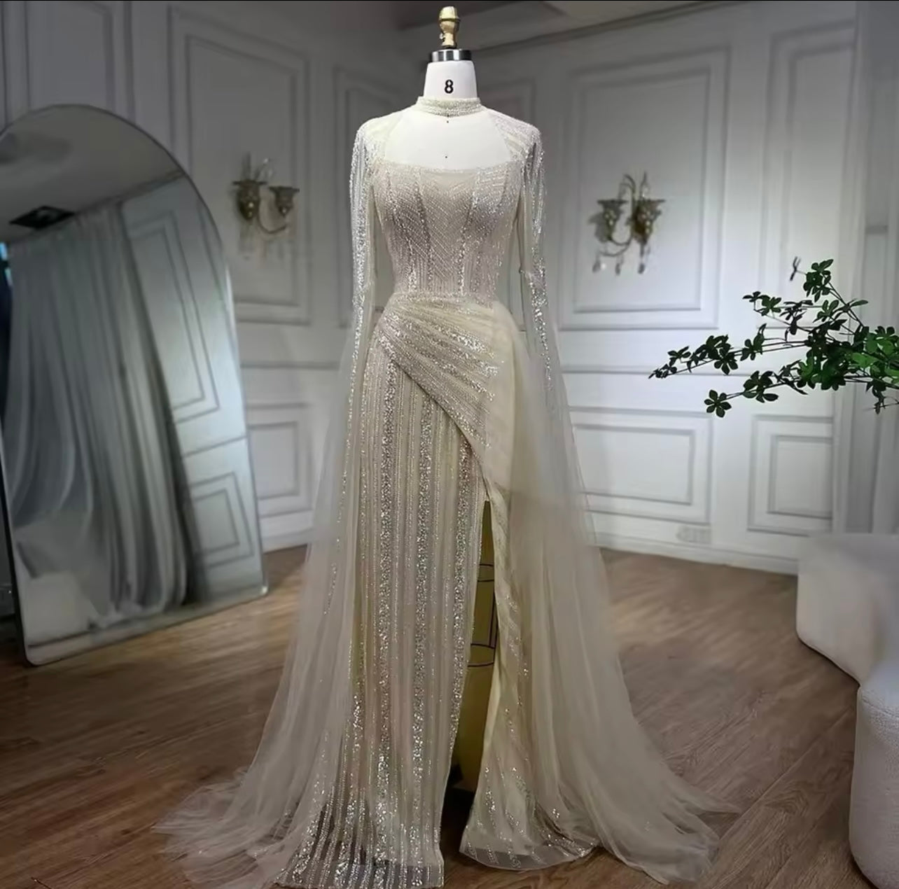 Mermaid Evening Ball Gown Embellished High Split Cape Sleeves Long Maxi Dress For Wedding Guest Gala Gown