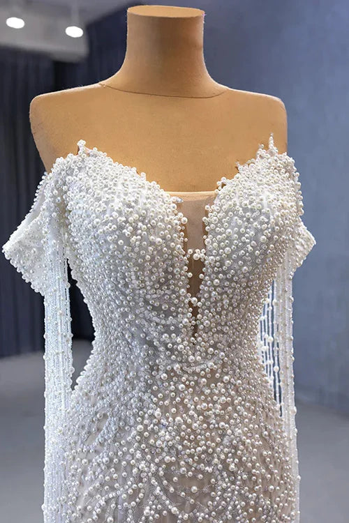 Ivory Off-The-Shoulder Full Sleeves Beads and Pearls Mermaid Wedding Dress