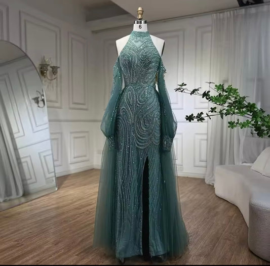 Turquoise Mermaid Elegant Dress With Overskirt Luxury Beaded Evening Dress Ball Gown For Guest Of Wedding Party