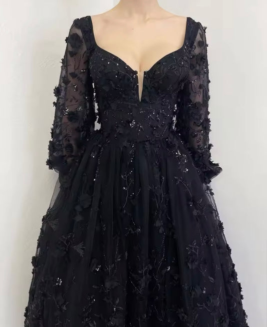 Black Puffy Sleeve Wedding Dress Luxurious 3D Flower A-line Floor Length Gothic Bridal Gown