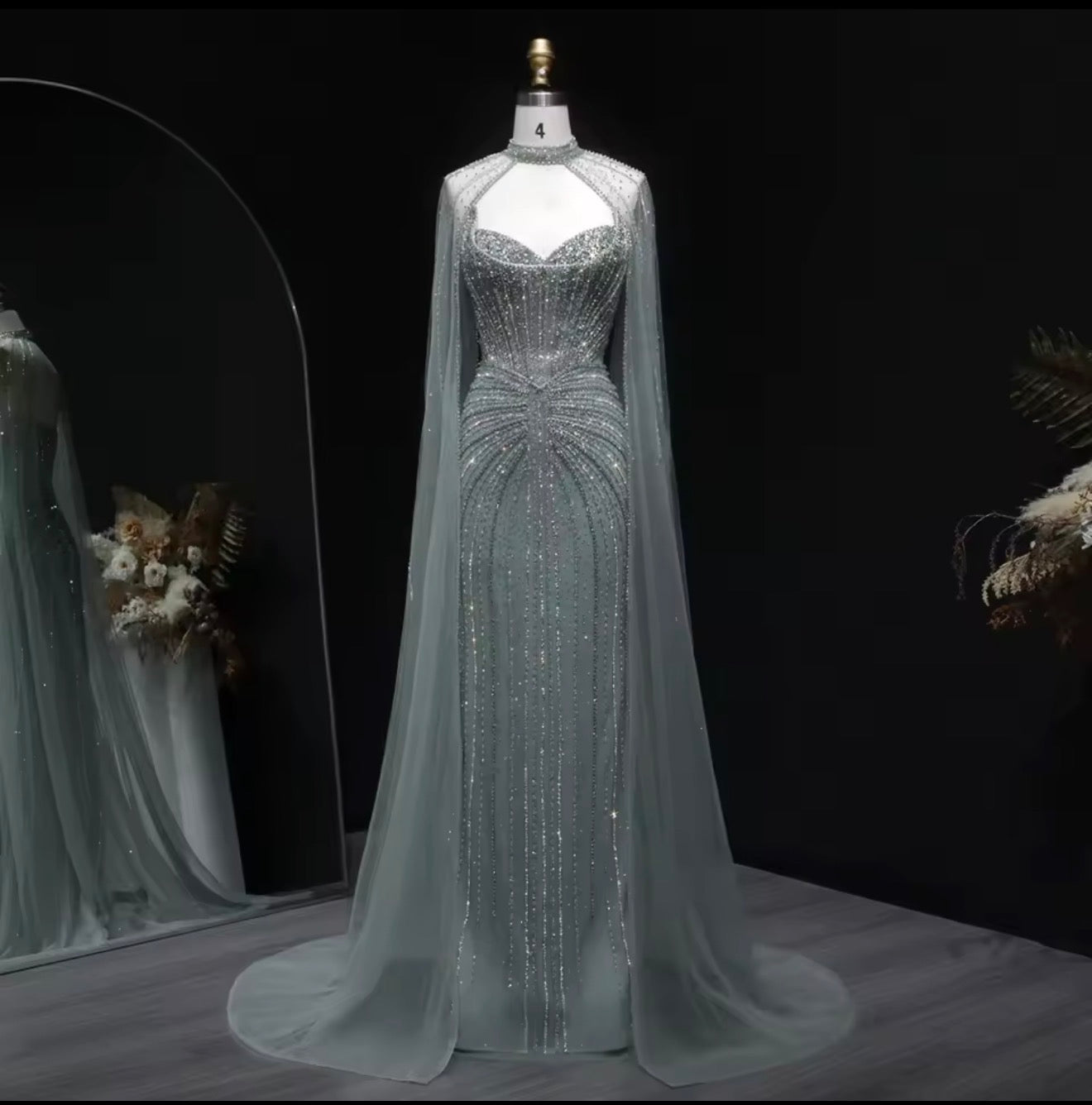 Embellished Sage Green Evening Dress with Cape Sleeves Guest of Wedding Ball Gown