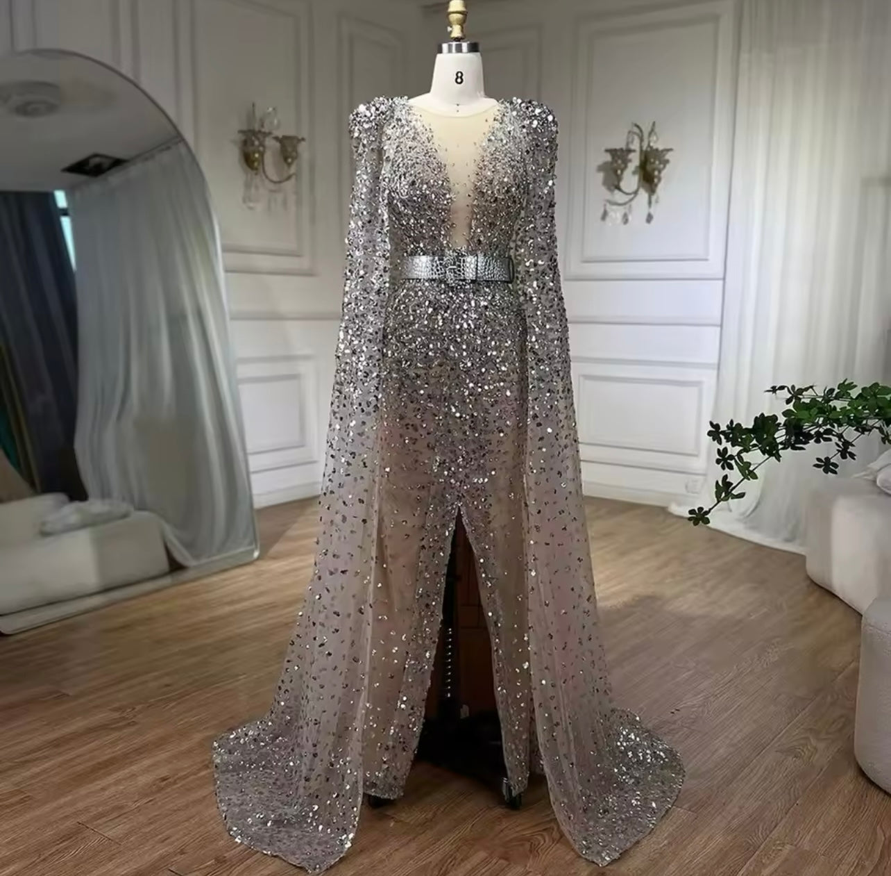 Gold Mermaid Evening Gown With Cape Sleeves Beaded Elegant Guest Of Wedding Maid of Honor Mother of Bride Dress