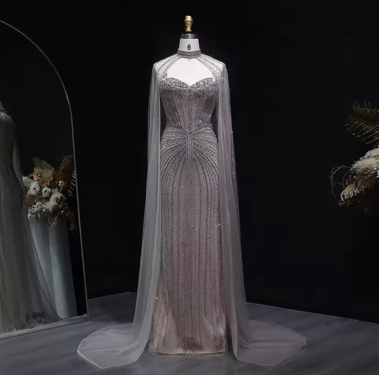 Embellished Sage Green Evening Dress with Cape Sleeves Guest of Wedding Ball Gown