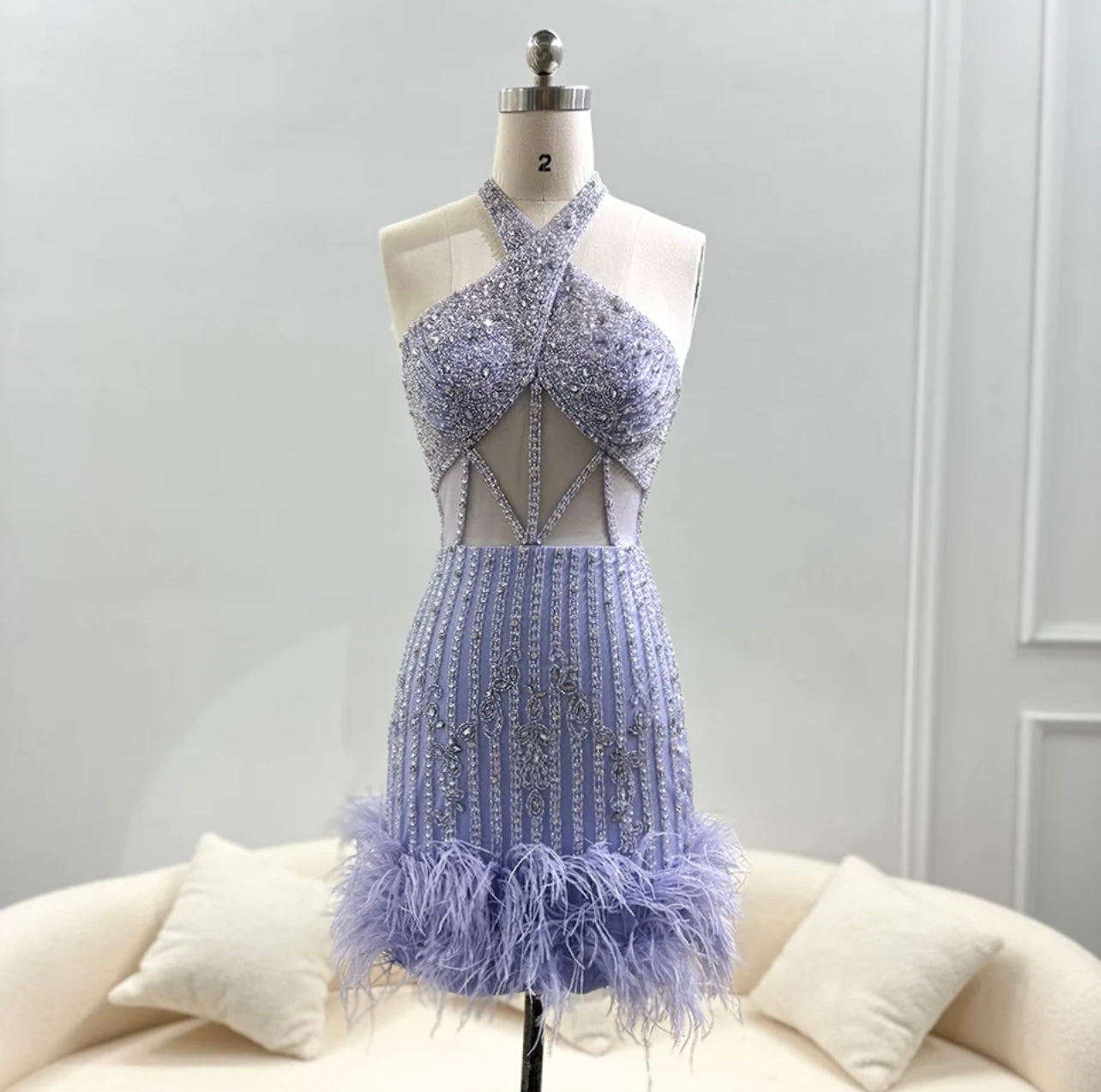 Luxury Feathers Short Mini Cocktail Prom Dress for Women Guest of Wedding Halter Homecoming Party Gown