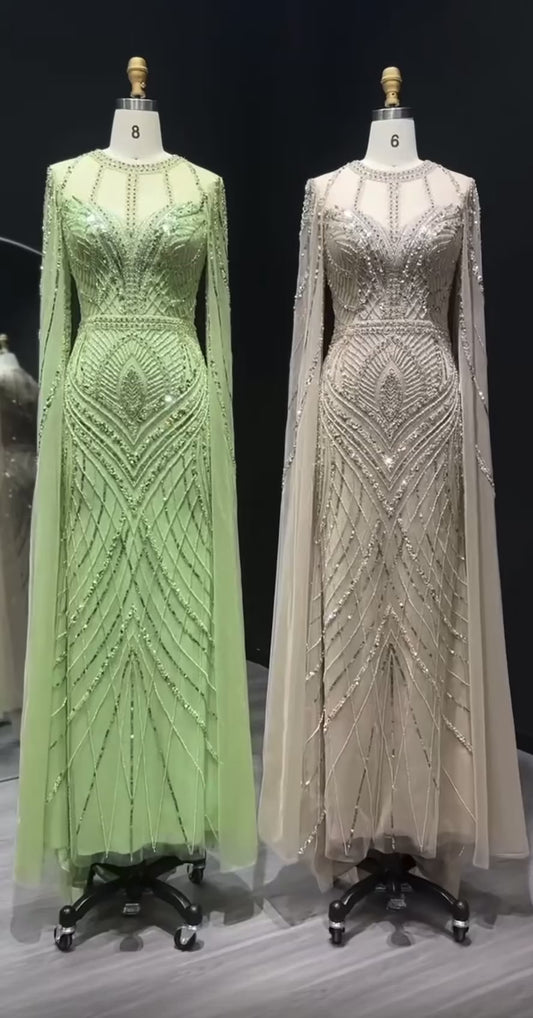 Luxury Dubai Green Mermaid Evening Dress with Cape Sleeves Caramel Arabic Women Wedding Party  Ball Gown