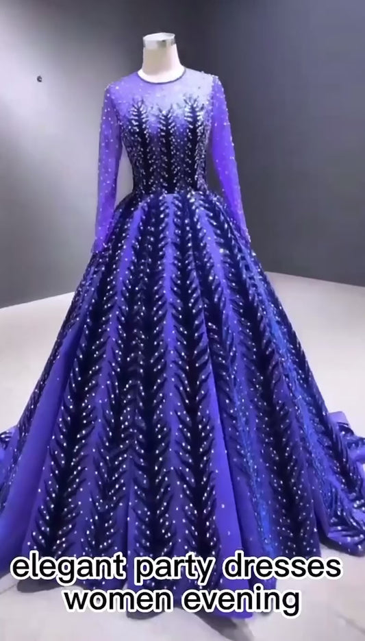 ELEGANCE IN CRYSTAL: HIGH NECK LONG SLEEVE EVENING DRESS FOR GALA BALL GOWN