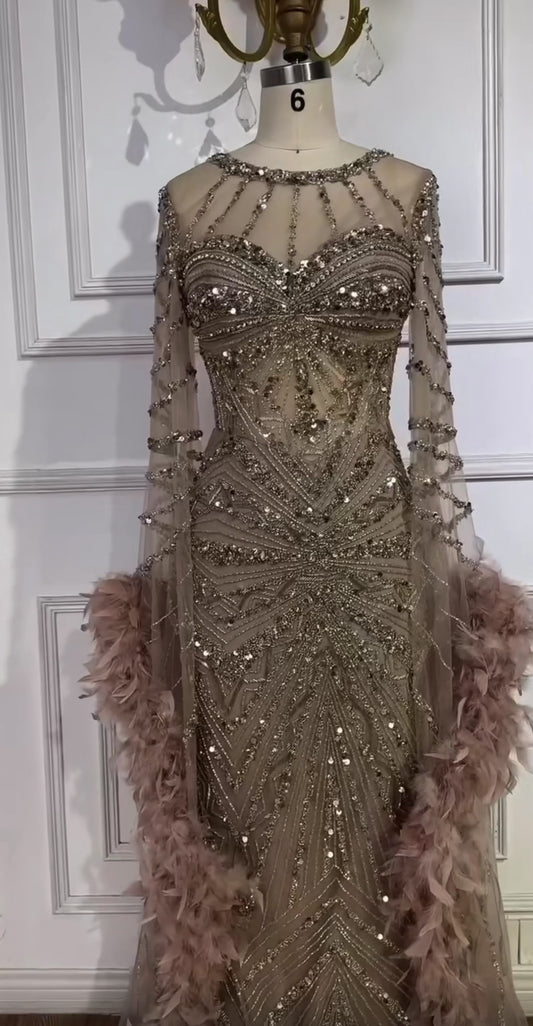 Embellished Mermaid Evening Dress with Feather Cuffs for Formal Occasion Wedding Guest Gala Ball Gown